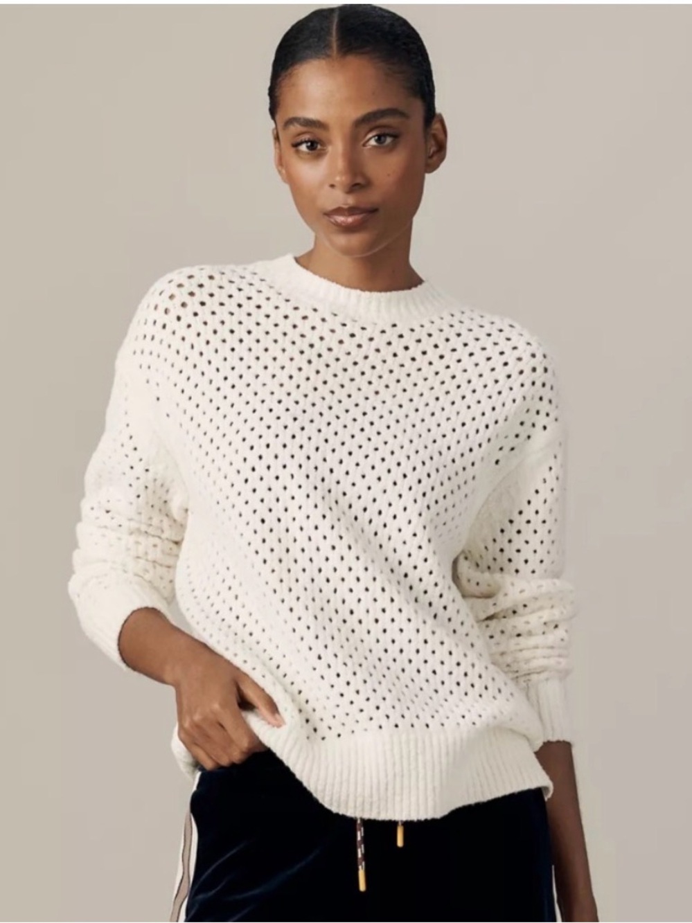 Varley Grady Boucle White Open-Knit Crewneck Sweater Large